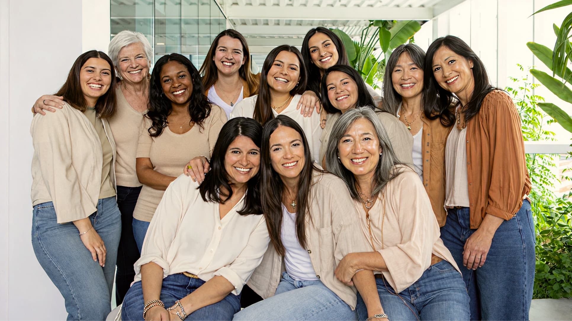 Un groupe de treize femmes d'âges différents souriant et posant ensemble à l'intérieur, portant des hauts décontractés beiges et blancs avec des jeans bleus, entourées de verdure et de lumière naturelle.
