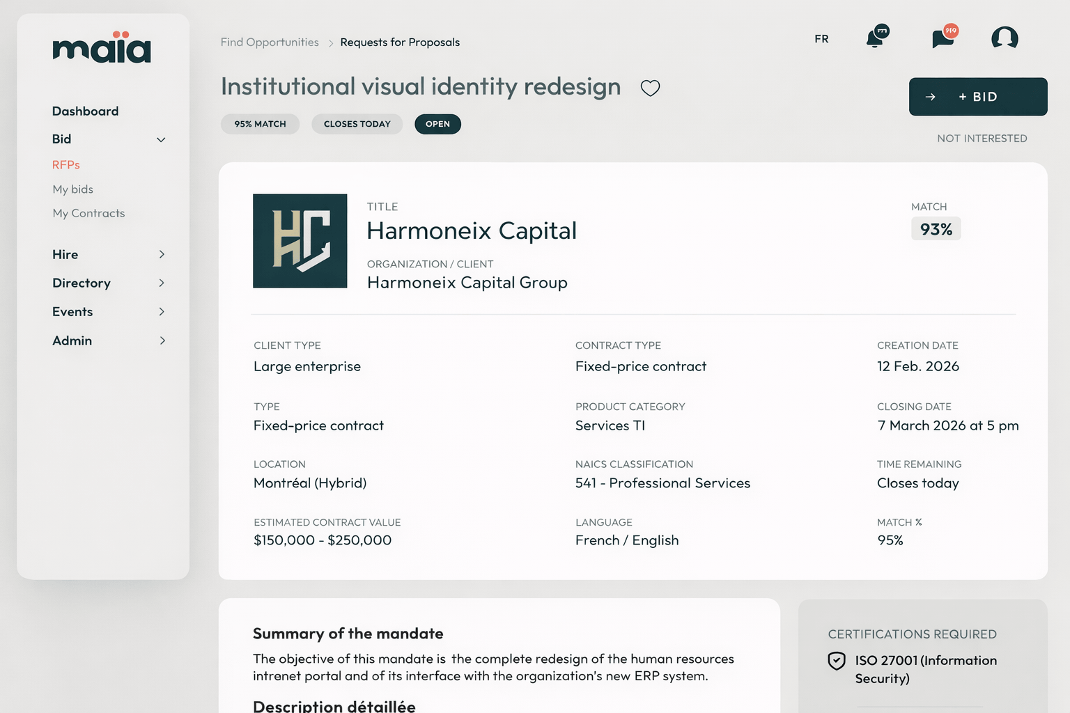 A dashboard interface for a visual identity redesign RFP, displaying details for Harmoneix Capital, including contract type, location, languages, bid deadline, budget, and summary. Navigation menu is on the left side.