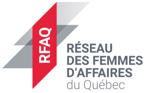 Logo du Réseau des Femmes d'Affaires du Québec (RFAQ), représentant un ruban rouge avec le RFAQ en blanc, à côté de formes géométriques grises et du nom de l'organisation en français.