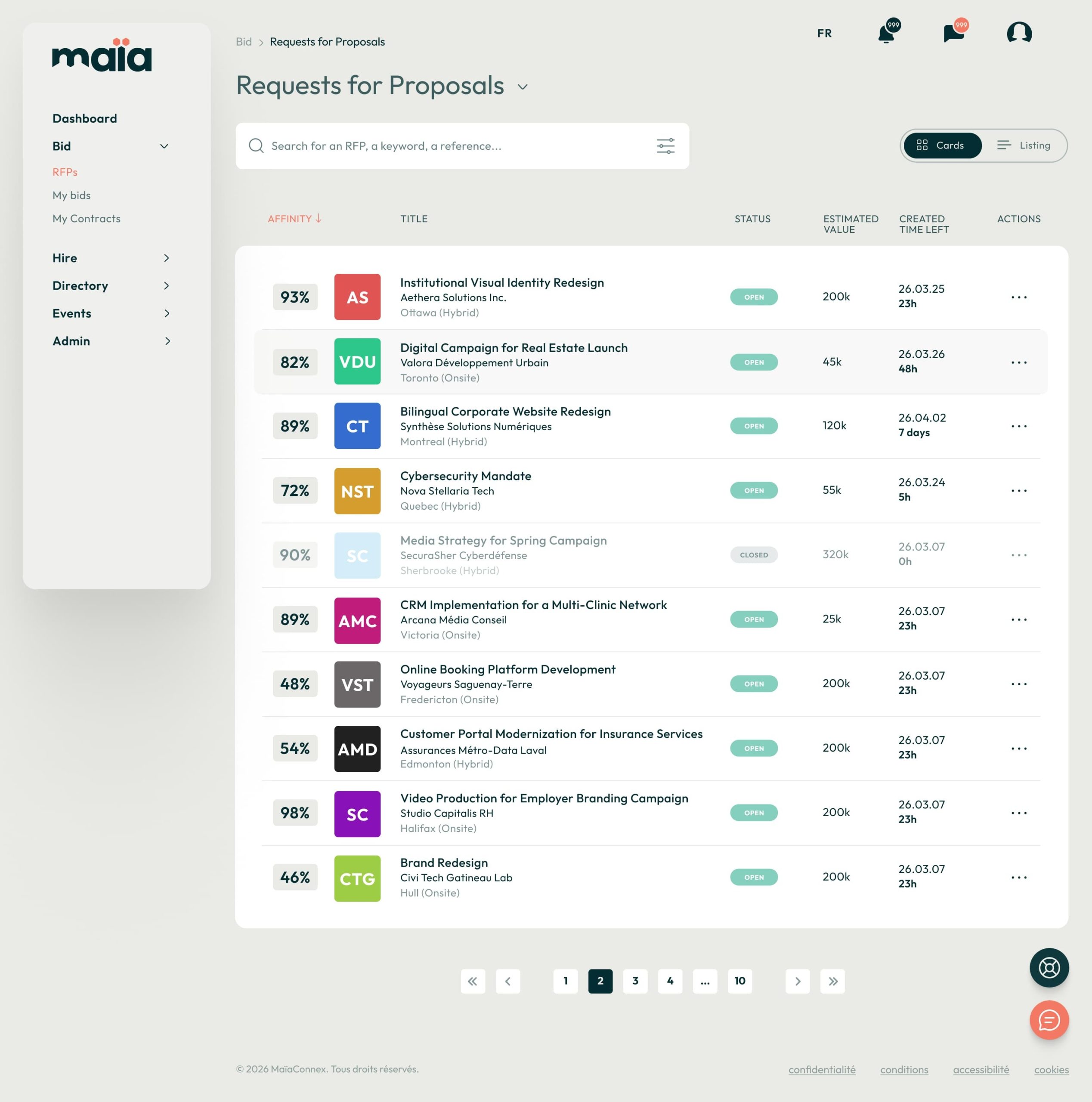 A dashboard interface displays a list of Requests for Proposals, each with a colored label, project title, status, estimated value, due date, and action icons. Filters, search bar, and navigation are visible on the screen.