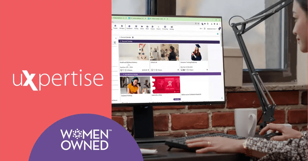 Banniere-uxpertise-RFAQ-en-o A person uses a desktop computer in an office. The screen displays an online platform. The left side of the image shows the uXpertise logo and a Women Owned badge on a purple background.
